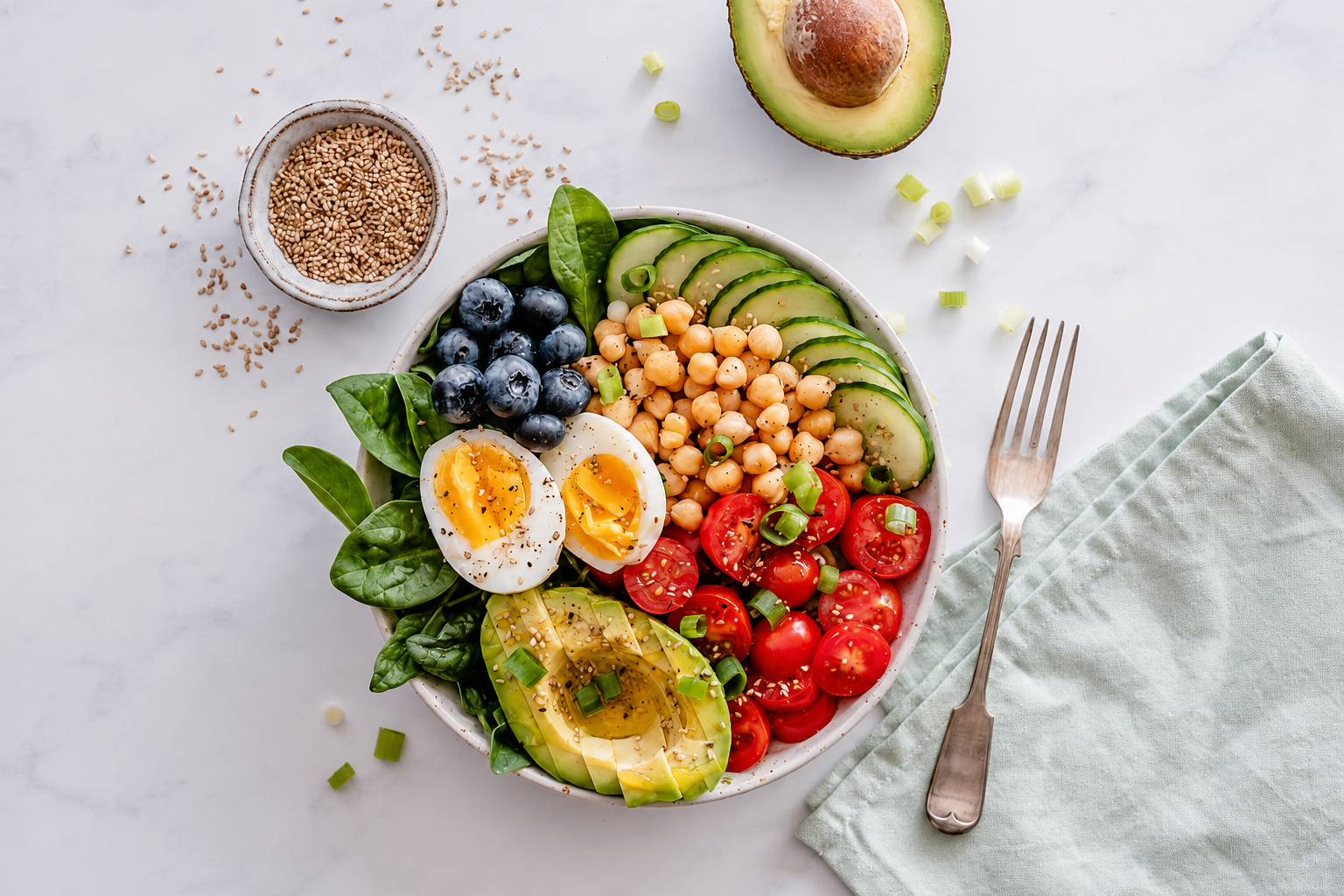 Bowl equilibrado com ovos, grão-de-bico, abacate e vegetais